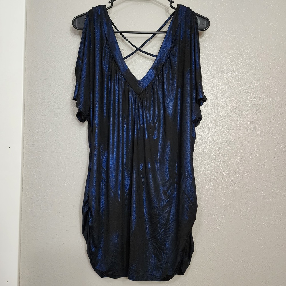 Maurice's Women's Plus Size 2 Top V Neck Shimmer Blue and Black V Back Straps